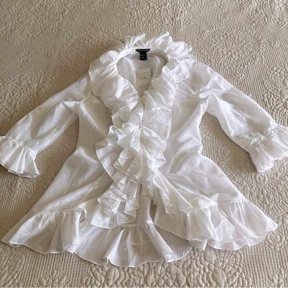 NWT Boston Proper white cotton/silk ruffle blouse w/back lace tie - Picture 4 of 13